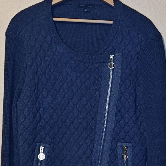 Tommy Hilfiger Sweater Jacket Womens Large Blue Quilted Moto Asym Zip Pockets - Picture 3 of 15